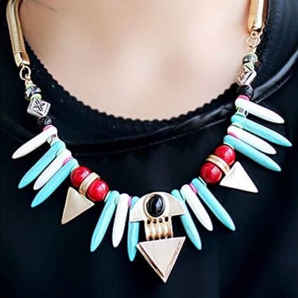 2/$30 Aztec Wood Turquoise Statement Necklace